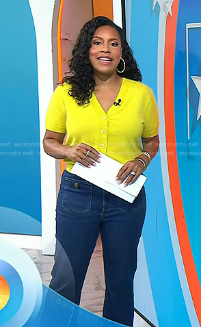 Sheinelle's yellow short sleeve cardigan and jeans on Today