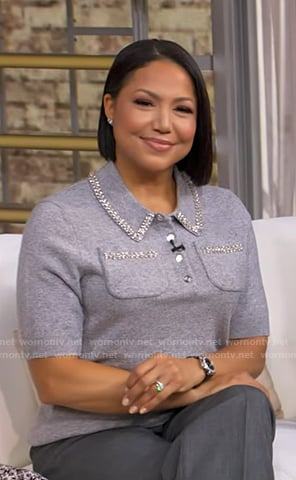 Stephanie's grey embellished polo sweater on Good Morning America