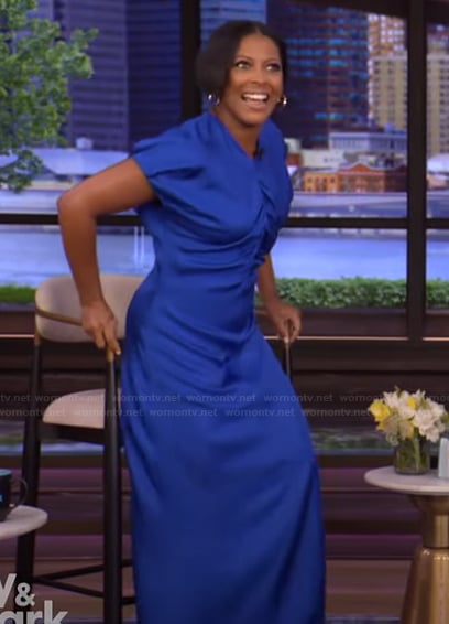 Tamron's blue satin ruched dress on Live with Kelly and Mark