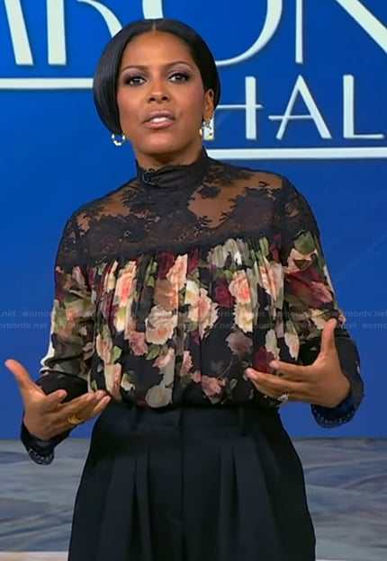 Tamron's floral lace inset blouse on Tamron Hall Show