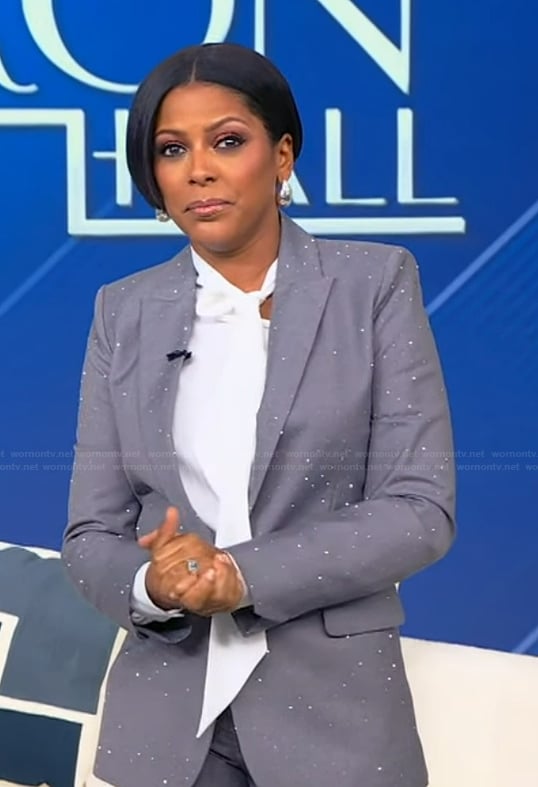 Tamron's gray rhinestone embellished blazer on Tamron Hall Show