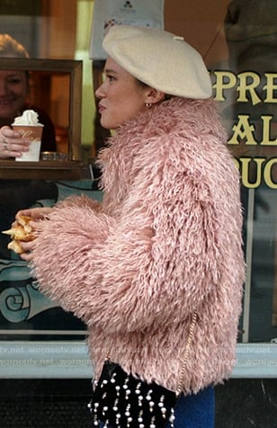 Taylor's pink fur jacket and pearl embellished crossbody bag on The Summer I Turned Pretty