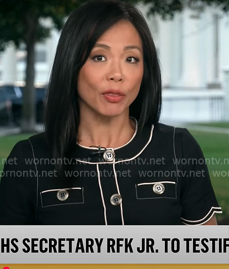 Weijia Jiang's black scalloped-trim button-front top on CBS Mornings