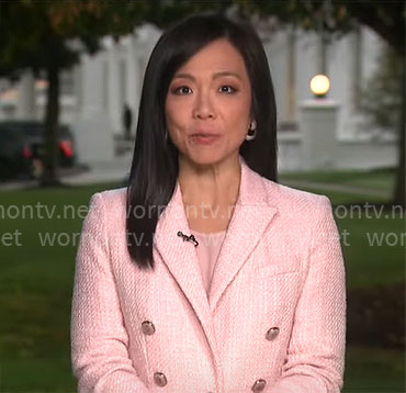 Weijia Jiang's pink tweed jacket on CBS Mornings