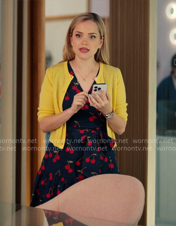 Ainsley's cherry print wrap dress on Loot