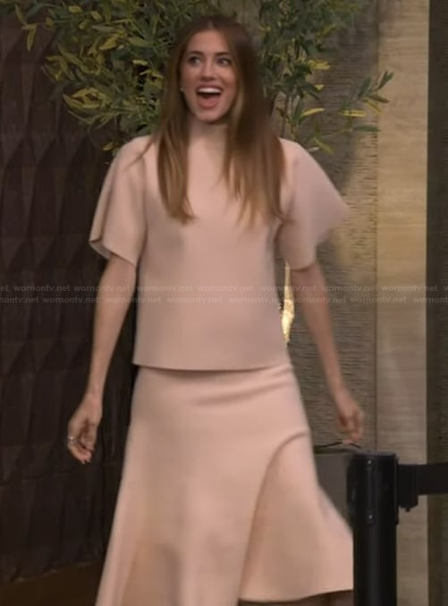 Allison Williams's beige top and skirt set on Live with Kelly and Mark