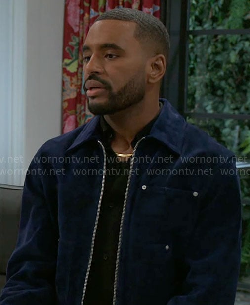 Andre's navy blue suede jacket on Beyond the Gates