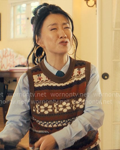 Ashley's printed sweater vest on Nobody Wants This