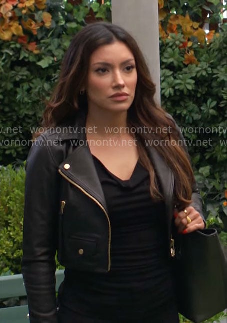 Audra's cropped leather jacket on The Young and the Restless