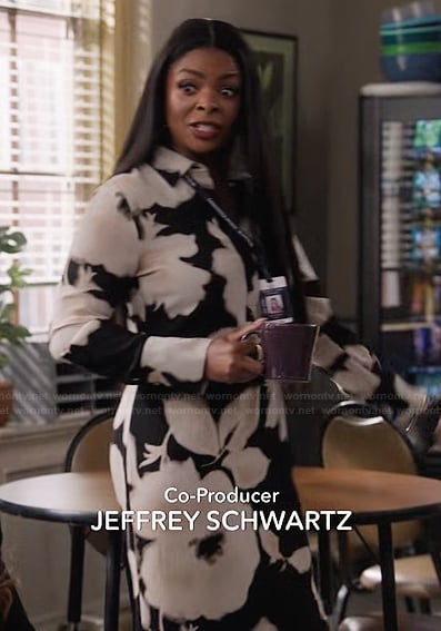 Ava's black floral print shirtdress on Abbott Elementary