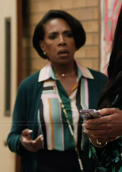 Barbara's geometric print blouse on Abbott Elementary
