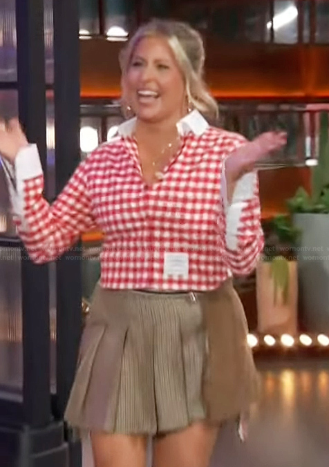Becky Robinson's red check print cropped top and mini skirt on The Kelly Clarkson Show