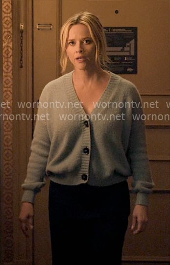 Bradley's blue v-neck cardigan on The Morning Show
