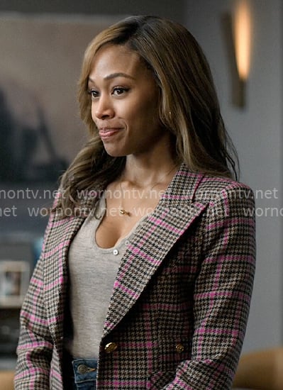 Chris's grey top and plaid blazer on The Morning Show