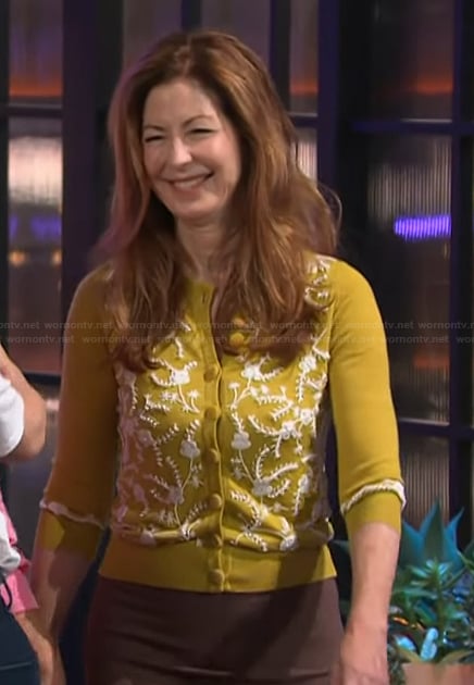 Dana Delany's yellow embroidered cardigan on The Kelly Clarkson Show