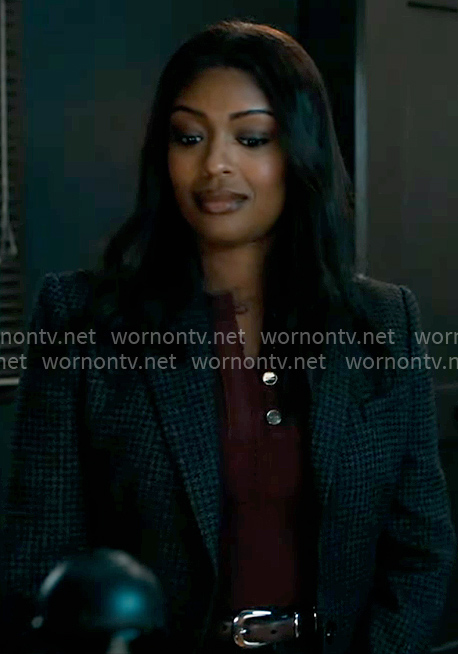 Daphne's burgundy pointelle knit top and houndstooth blazer on High Potential