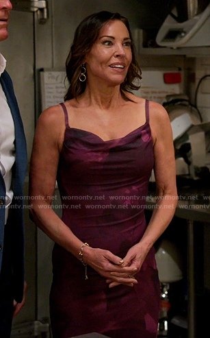 Debbie's purple floral cowl neck dress on The Golden Bachelor