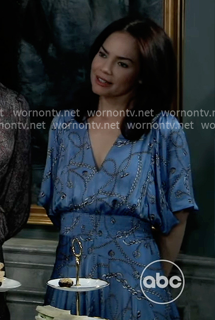 Elizabeth's blue chain print dress on General Hospital