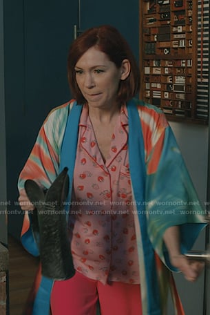 Elsbeth's pink strawberry print pajama and robe on Elsbeth