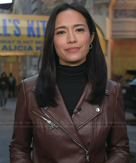 Emilie's brown leather moto jacket on Today