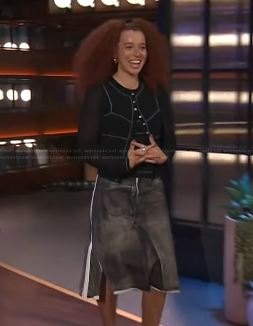 Erin Kellyman's contrast stitch cardigan and skirt on The Kelly Clarkson Show