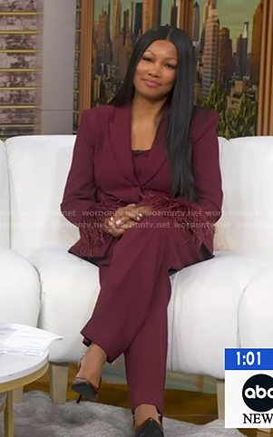 Garcelle Beauvais's burgundy feather cuff blazer and pants on Good Morning America