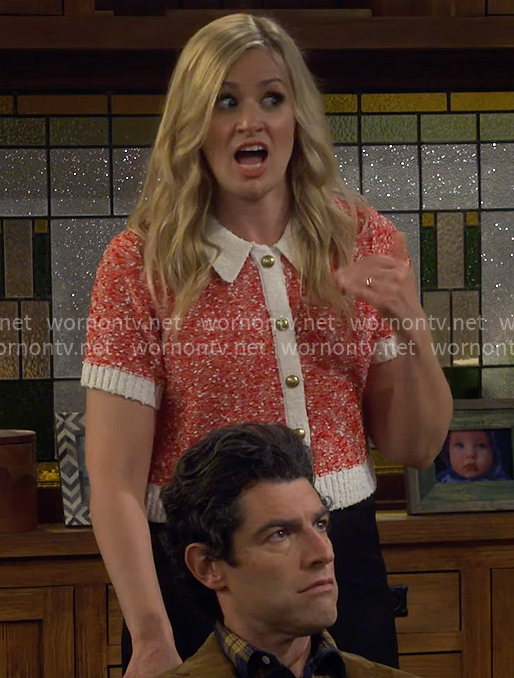Gemma's red textured short-sleeve cardigan on The Neighborhood