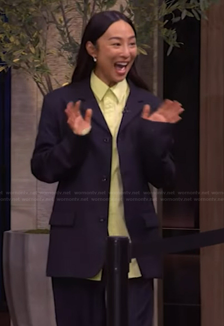 Greta Lee's black pinstripe suit on Live with Kelly and Mark