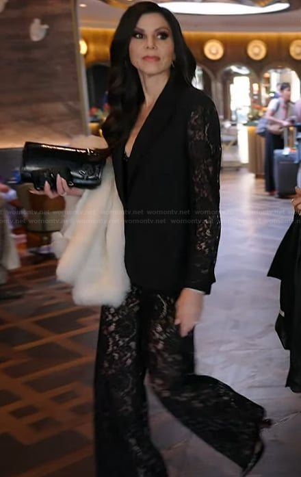 Heather's black lace blazer and pants on The Real Housewives of Orange County