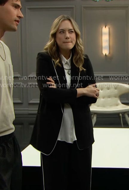 Hope's black suit with white piping on The Bold and the Beautiful
