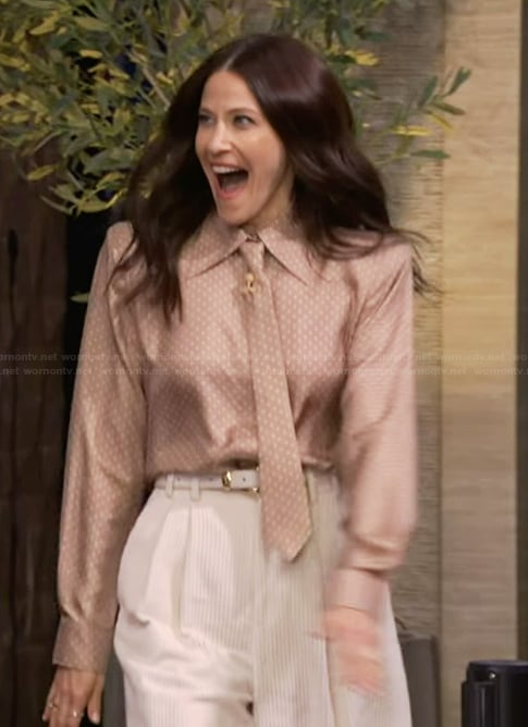 Jackie Tohn's beige polka dot print tie neck blouse on Live with Kelly and Mark
