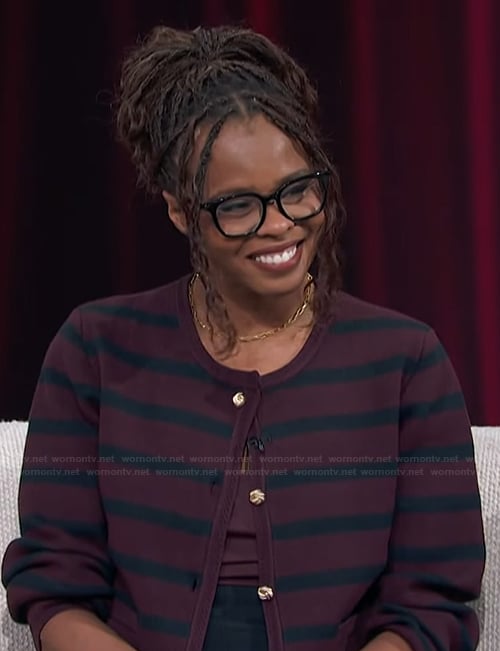 Jacqueline Coley's striped cardigan on Access Hollywood