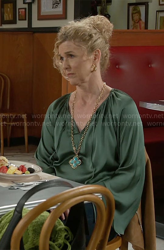 Jan's green satin blouse on Beyond the Gates