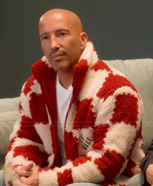 Jason's red check sherpa jacket on Selling Sunset