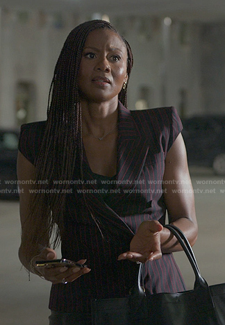 Jax's black pinstripe cap sleeve blazer on Reasonable Doubt