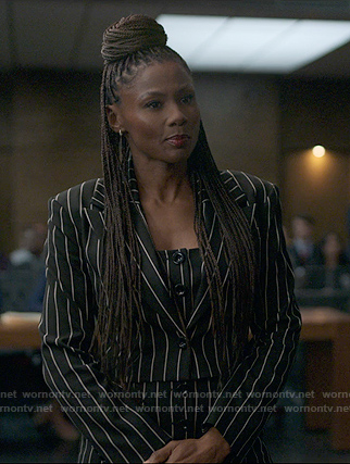 Jax's black striped crop blazer and dress on Reasonable Doubt