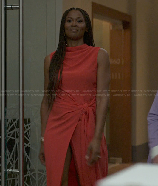Jax's red tie front maxi dress on Reasonable Doubt