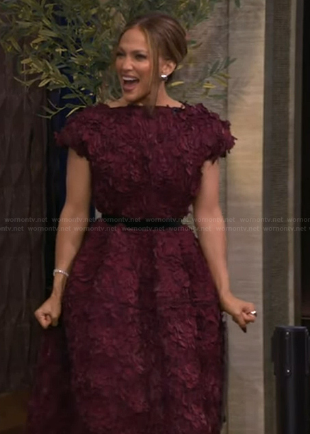 Jennifer Lopez's burgundy floral lace dress on Live with Kelly and Mark