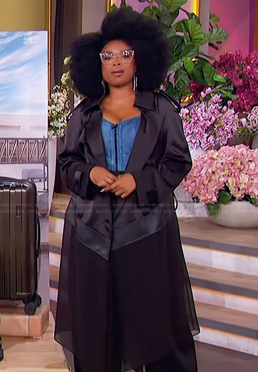 Jennifer's denim corset and black coat on The Jennifer Hudson Show