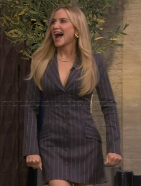 Jessica Capshaw's black pinstripe blazer dress on Live with Kelly and Mark