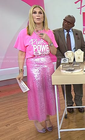 Jill's pink sequin skirt and pearl earrings on Today