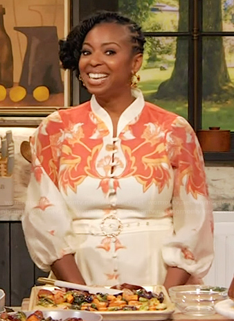 Jocelyn Delk Adams' white floral belted dress on The Drew Barrymore Show