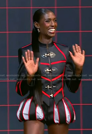 Jodie Turner-Smith's black military jacket and shrots on Tamron Hall Show