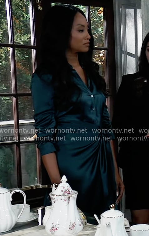 Jordan's teal green satin shirtdress on General Hospital