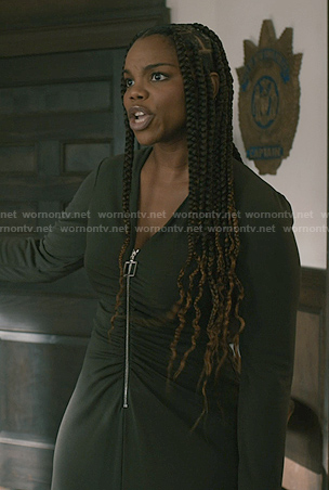 Julia's green zip front dress on Elsbeth