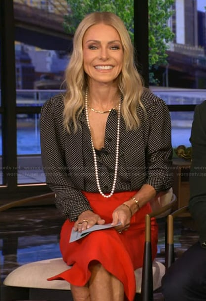 Kelly's black polka dot print blouse on Live with Kelly and Mark