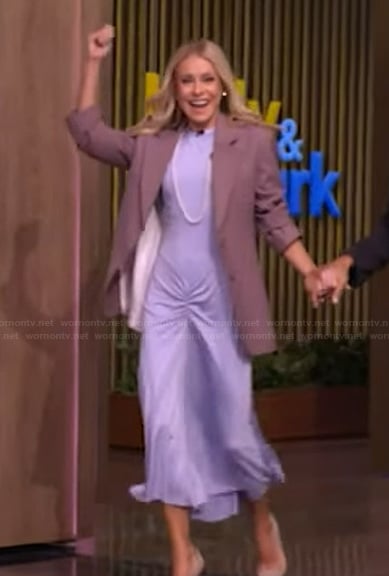Kelly's blue gathered front dress on Live with Kelly and Mark