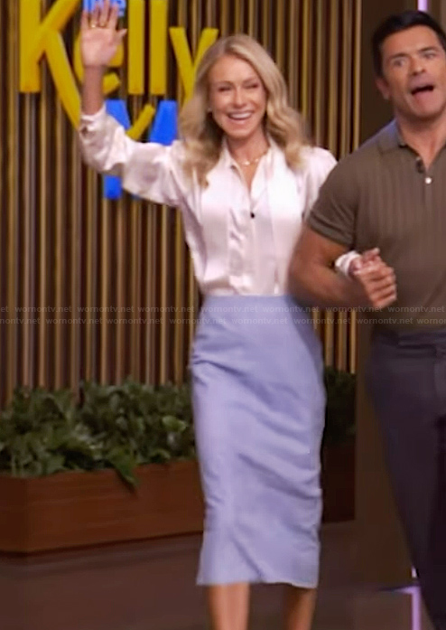 Kelly's satin tie neck blouse and blue skirt on Live with Kelly and Mark