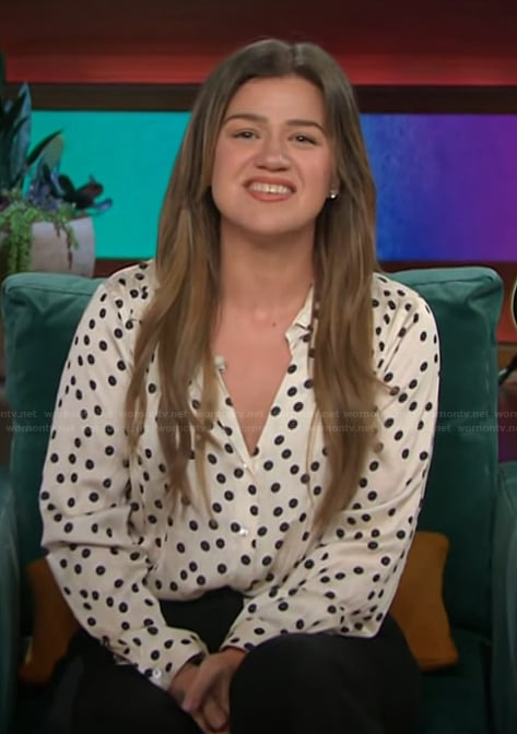 Kelly's white polka dot print blouse on The Kelly Clarkson Show