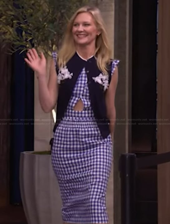 Kirsten Dunst's blue gingham check top and skirt on Live with Kelly and Mark